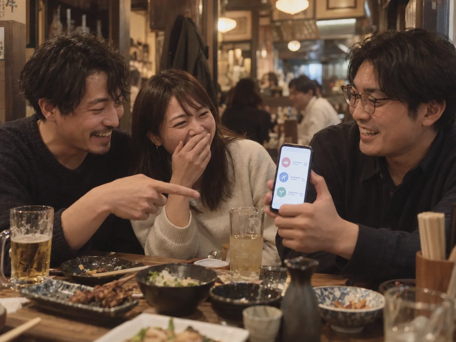 居酒屋でスマホの目標カードを見せ合う3人