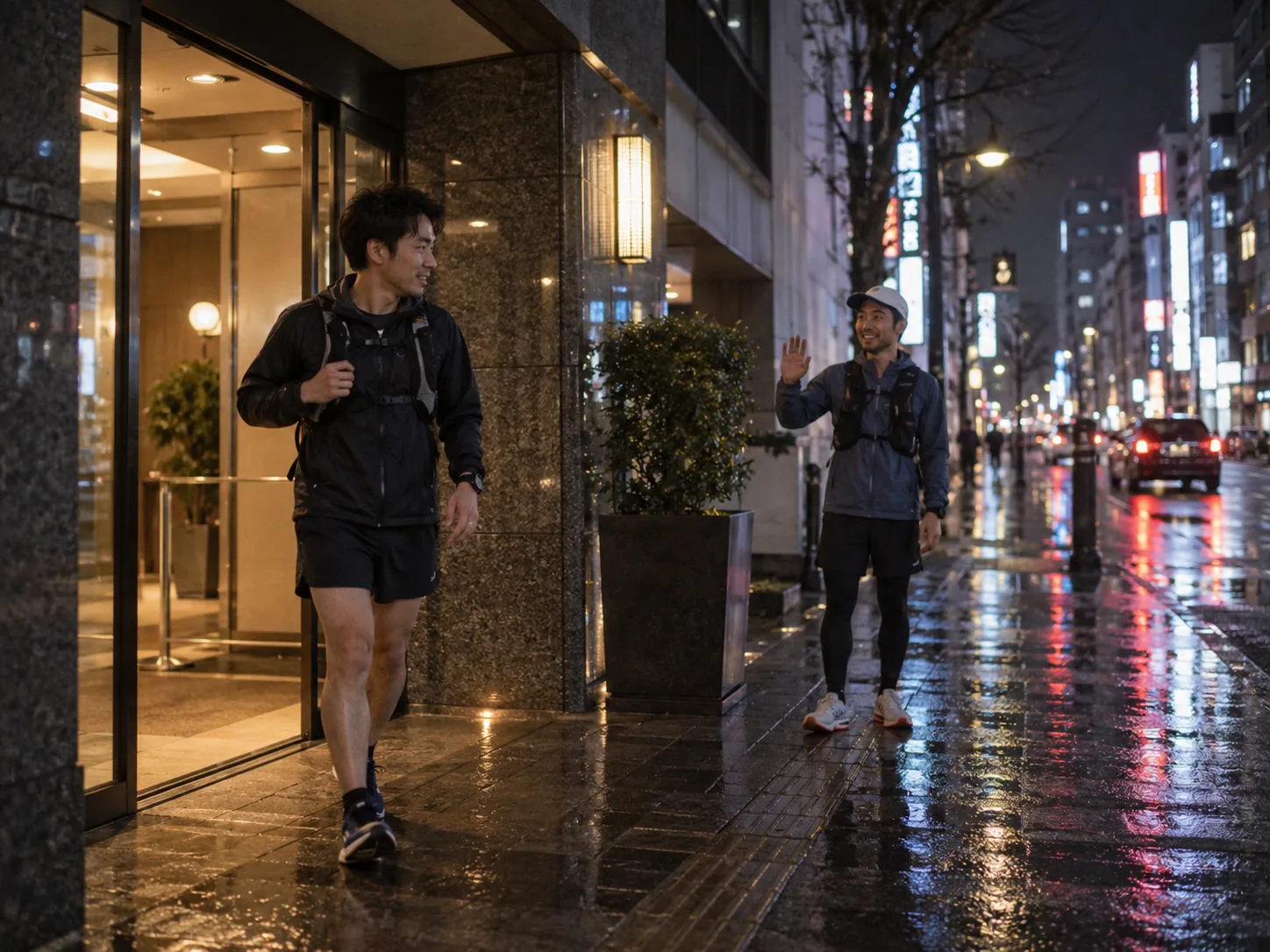 ホテル前の夜の街を走るランナー