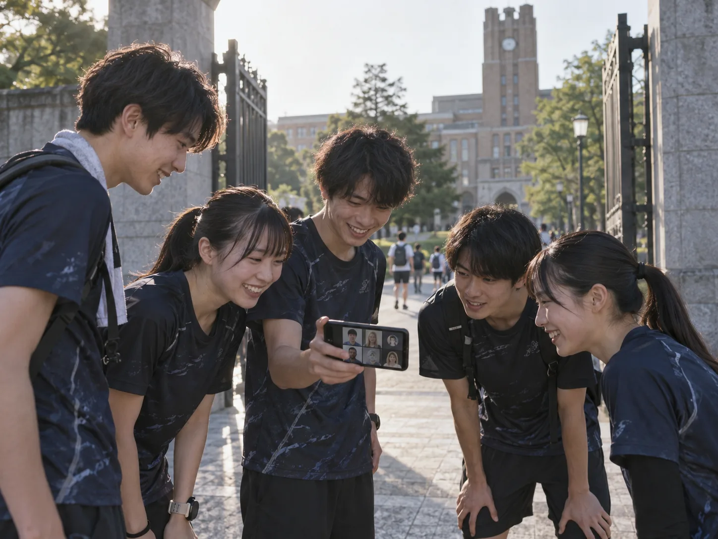 キャンパスの門の前で、スマホに映る卒業した先輩たちと話すサークルのメンバー