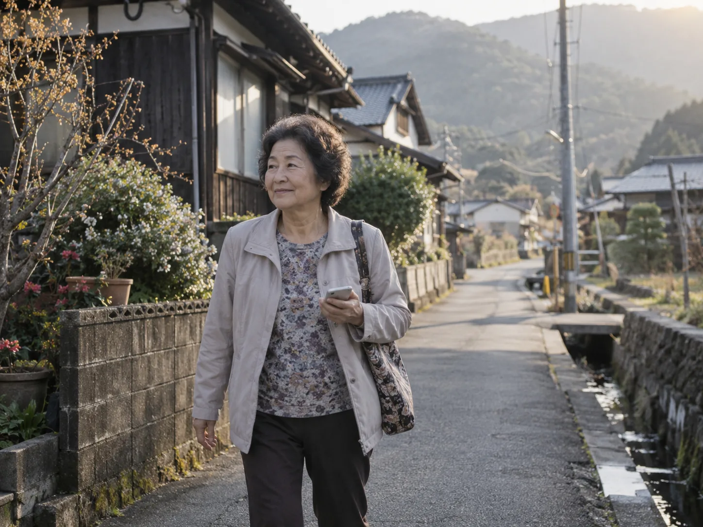 朝の住宅街を歩く母