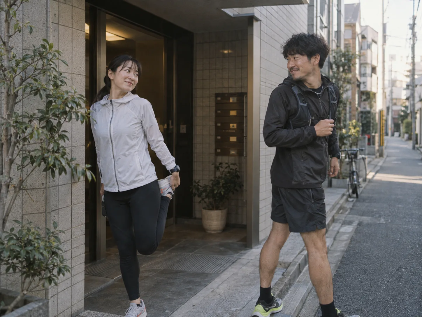 玄関で反対方向に走り出す2人
