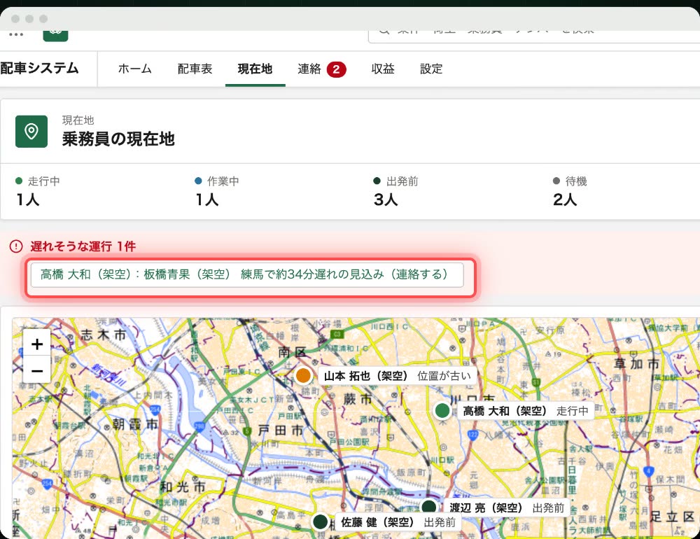 乗務員の現在地と遅れそうな運行の画面（架空のデータ）